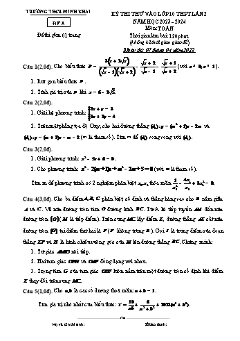 Kỳ thi thử vào Lớp 10 THPT môn Toán (Lần 2) - Đề A - Năm học 2022-2023 - Trường THCS Minh Khai (Có hướng dẫn chấm)