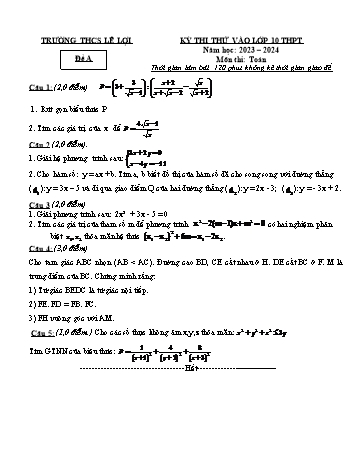 Kỳ thi thử vào Lớp 10 THPT môn Toán - Năm học 2023-2024 - Trường THCS Lê Lợi (Có hướng dẫn chấm)