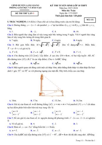 Kỳ thi tuyển sinh Lớp 10 THPT môn Toán (Lần 3) - Mã đề 132 - Năm học 2023-2024 - Phòng GD&ĐT Lạng Giang (Có hướng dẫn chấm)