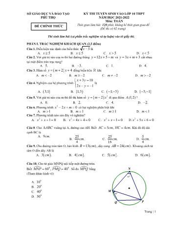 Kỳ thi tuyển sinh vào Lớp 10 THPT môn Toán - Năm học 2021-2022 - Sở GD&ĐT Phú Thọ (Có đáp án và thang điểm)