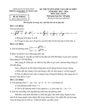 Kỳ thi tuyển sinh vào Lớp 10 THPT môn Toán - Năm học 2023-2024 - Phòng GD&ĐT Dương Kinh (Có hướng dẫn chấm)