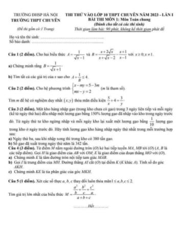Thi thử vào Lớp 10 THPT chuyên môn Toán (Lần 1) - Năm học 2023-2024 - Trường Đại học Sư phạm Hà Nội