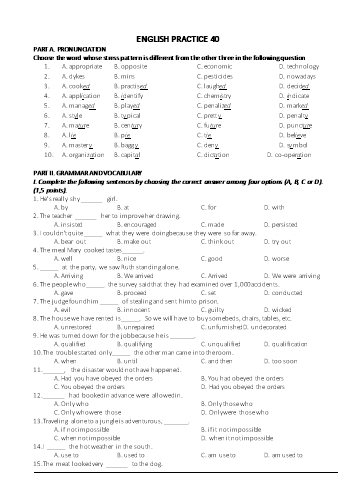 Đề luyện thi vào Lớp 10 chuyên Tiếng Anh - Đề 40 (Có đáp án)