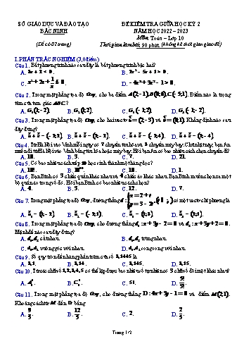 Đề kiểm tra giữa học kì 2 Toán Lớp 10 - Năm học 2022-2023 - Sở GD&ĐT Bắc Ninh (Có đáp án)