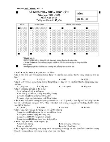 Đề kiểm tra giữa học kì 2 Vật lí Lớp 10 - Mã đề 101 - Năm học 2021-2022 - Trường THPT Thống Nhất A (Có đáp án)
