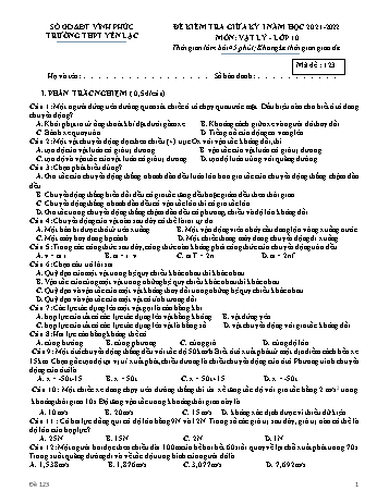 Đề kiểm tra giữa kì 1 Vật lí Lớp 10 - Mã đề 123 - Năm học 2021-2022 - Trường THPT Yên Lạc