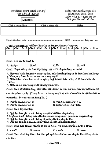 Kiểm tra giữa học kì 1 Vật lí Lớp 10 - Mã đề 001 - Năm học 2021-2022 - Trường THPT Ngô Gia Tự